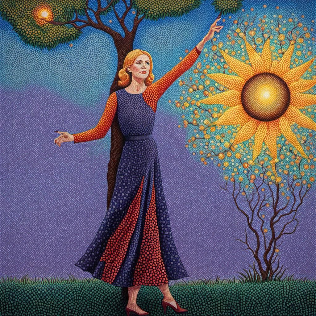 Pointillist Woman with Sun and Tree