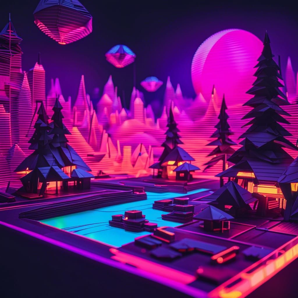 Synthwave Origami Village