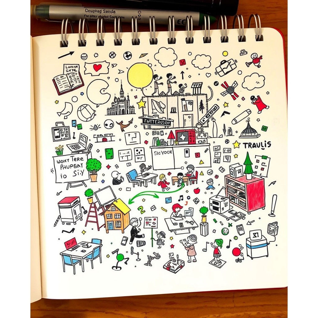 A chaotic classroom doodle scene, filled with tiny worlds and characters coming to life on a notebook ...  by @Eclectic shambles