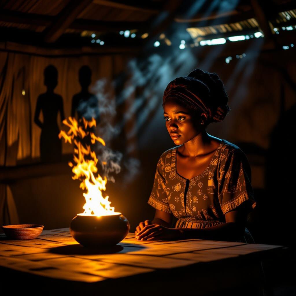 
“A frightened  African young lady standing in a dimly lit hut, a glowing calabash on a wooden table, eerie golden light spilling out, shado...