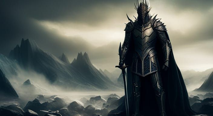 an epic cinematic scene of Sauron in his armor, holding his mighty ...