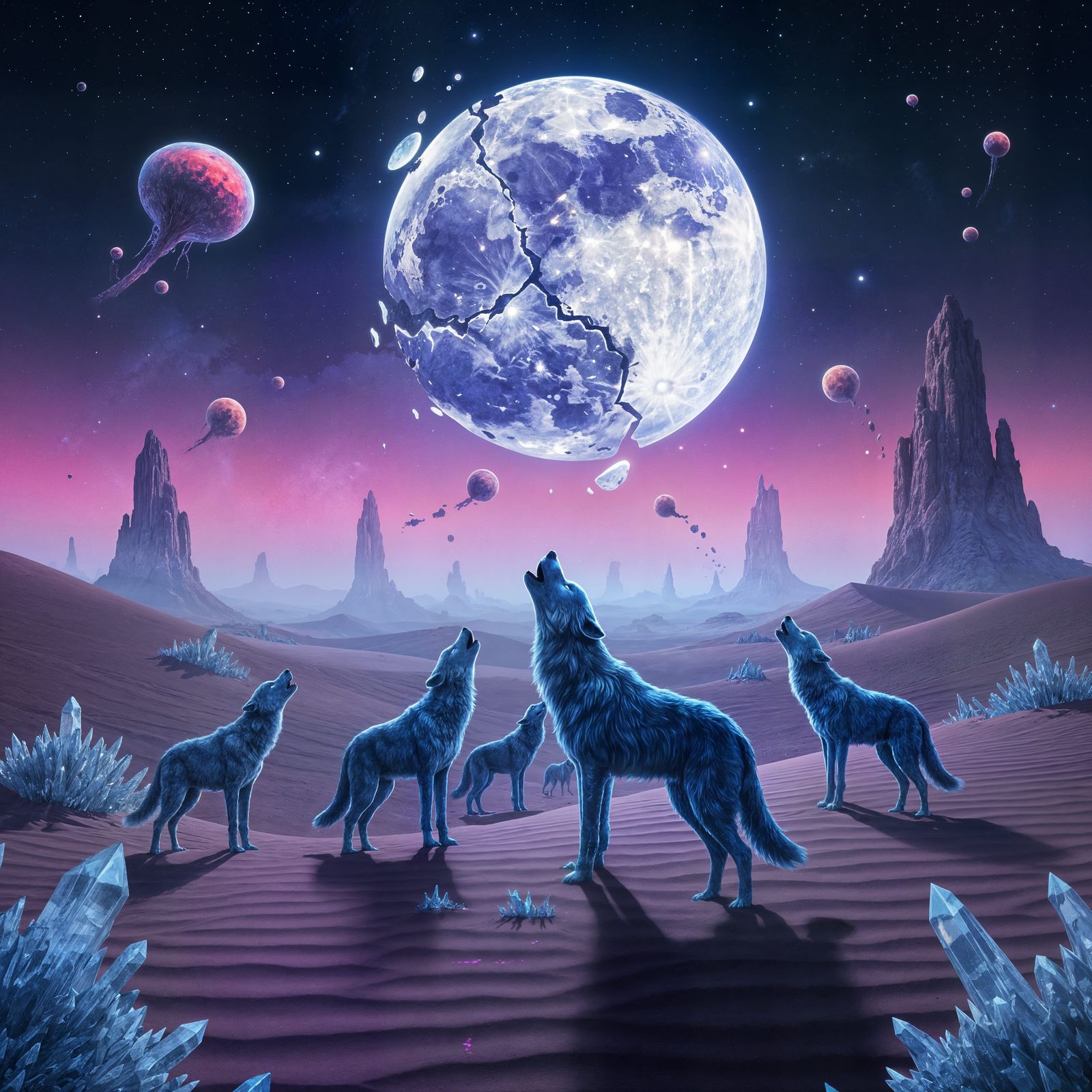Bioluminescent Wolves Howl at Kaleidoscopic Moon