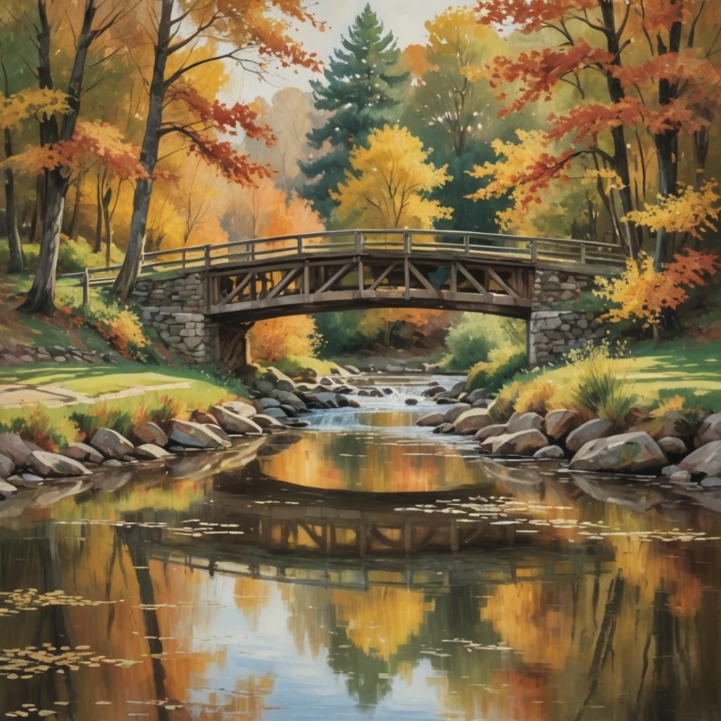 bridge in an autumn countryside crosses a bubbling river lin...