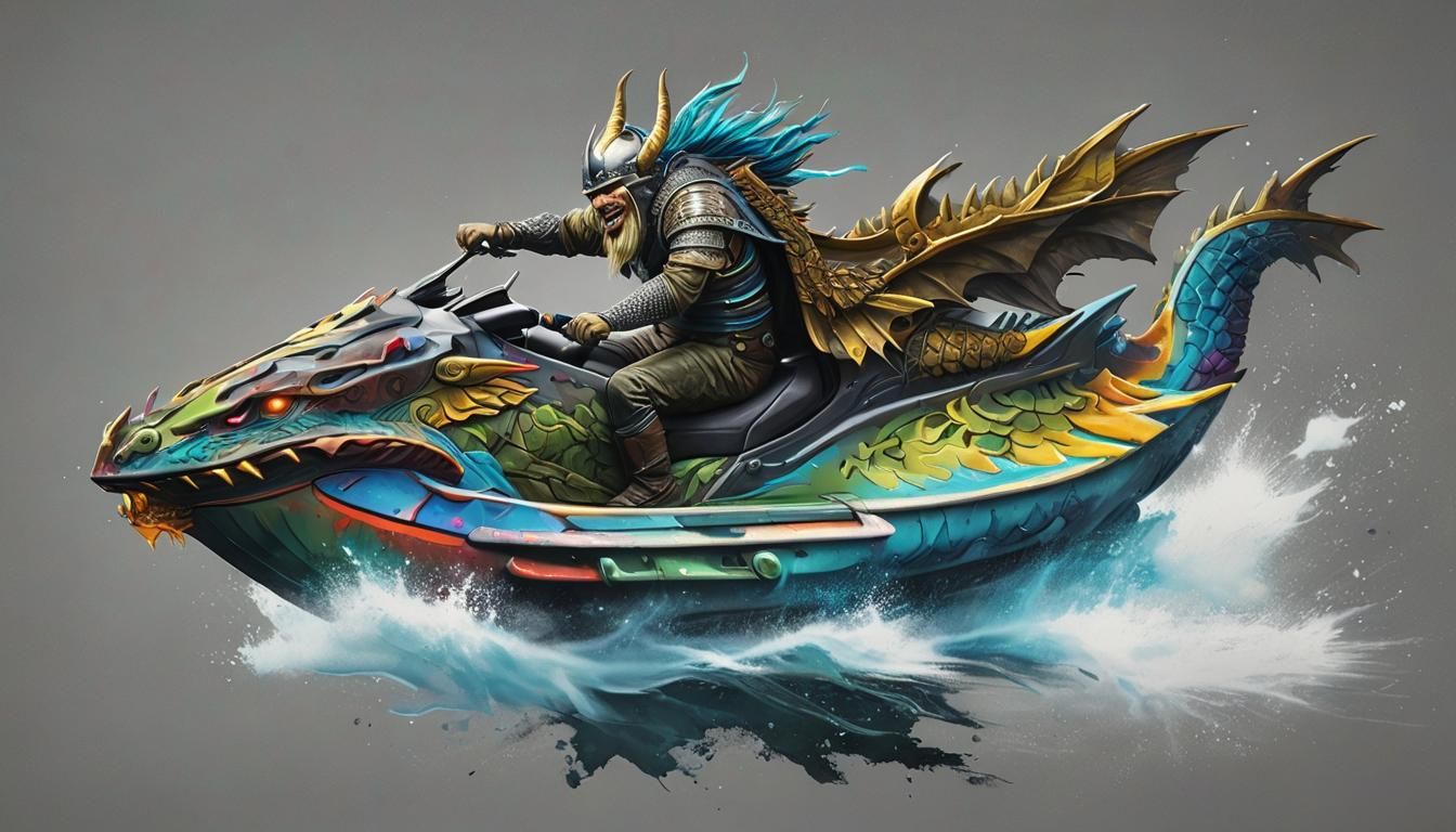 Viking soldier riding a jet ski   by @Darking Duck
