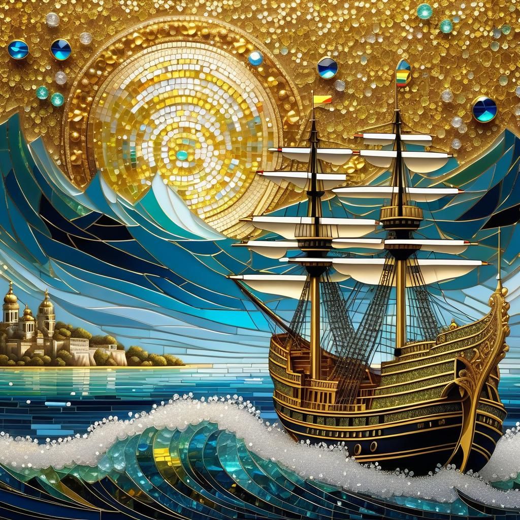 yacht landscape, golden, multi-exposure, glass mosaic, glass beads, baroque, filigree, glitter, detailed ...  by @Marv