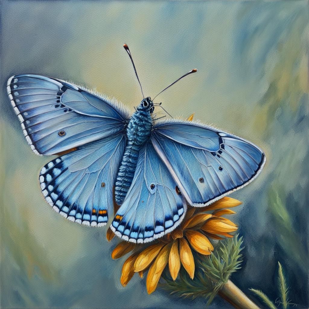 Mission Blue butterfly, macro painting, oil, fine details,   by @Simon