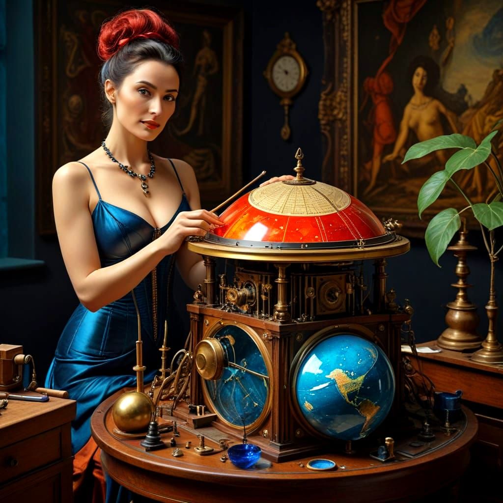 Enchanting Lady Amidst Scientific Marvels in Vibrant Colors