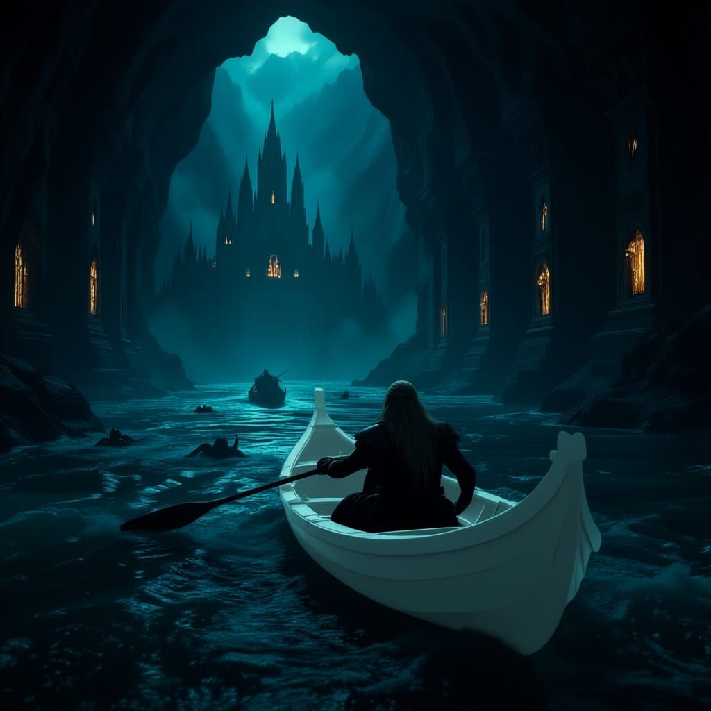 A huge underground chamber in a gigantic cavern. A vast underground river flows through the center of the chamber—wide, turbulent, with mons...