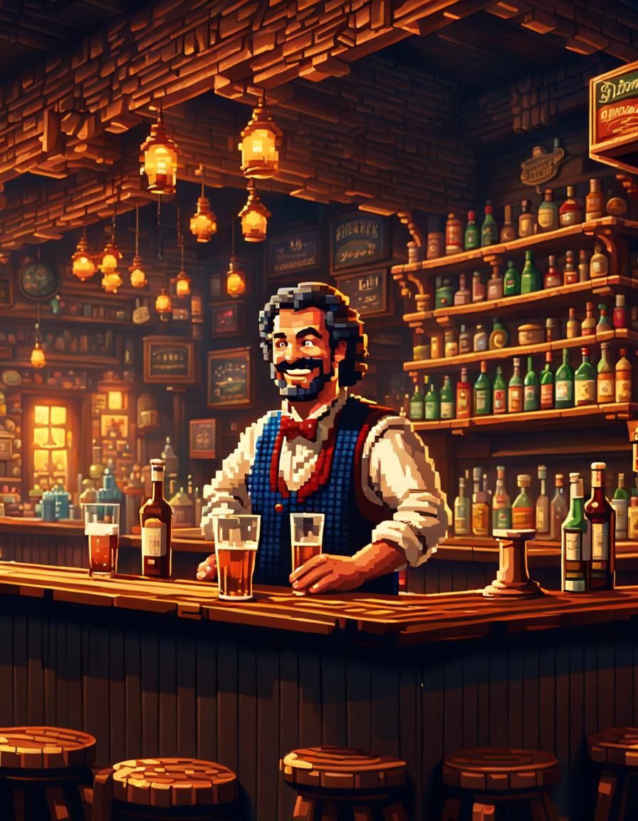 Retro pixel art of a cheerful, pixelated bartender  by @Retrotoys