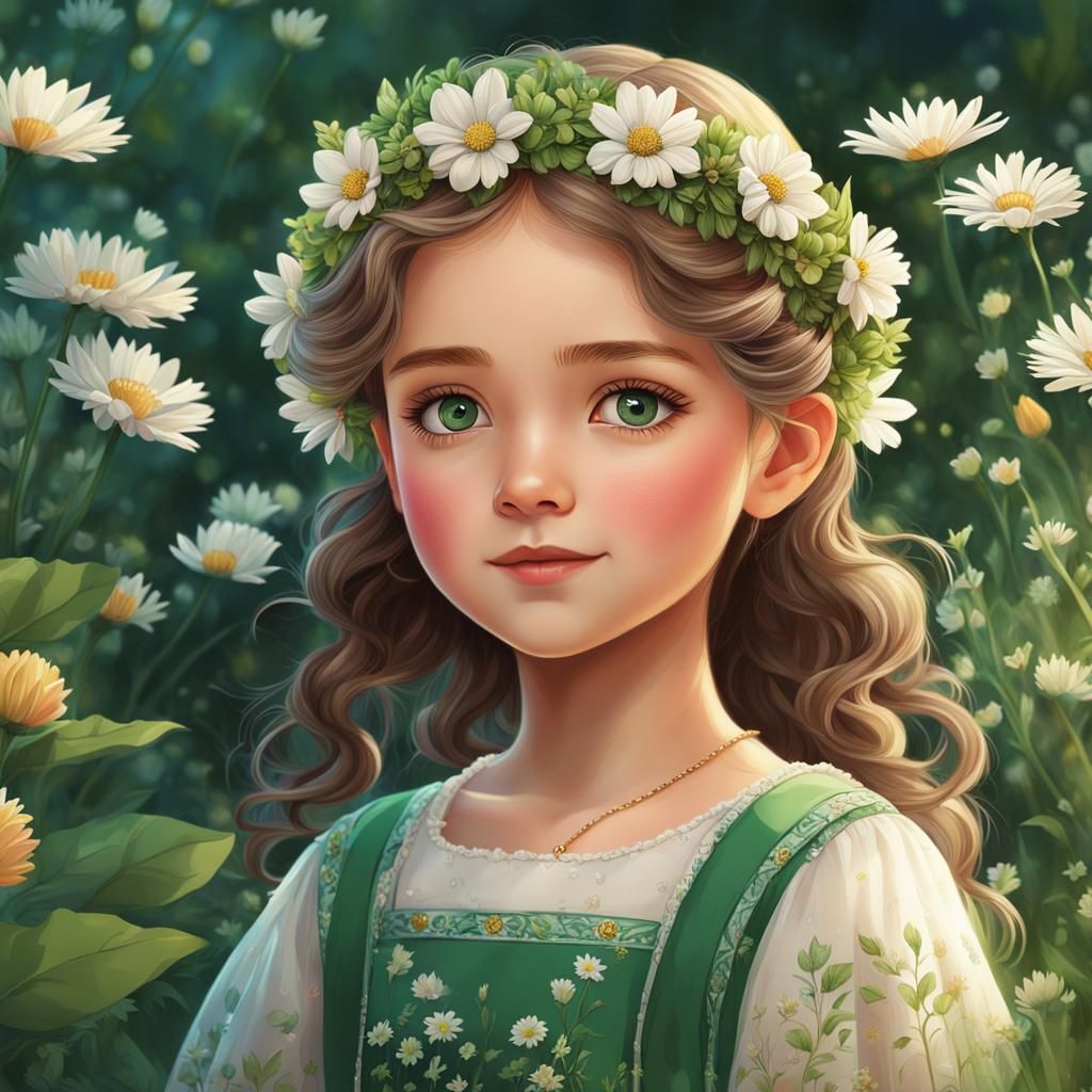 illustration of a young girl with green eyes and dresses, sh...