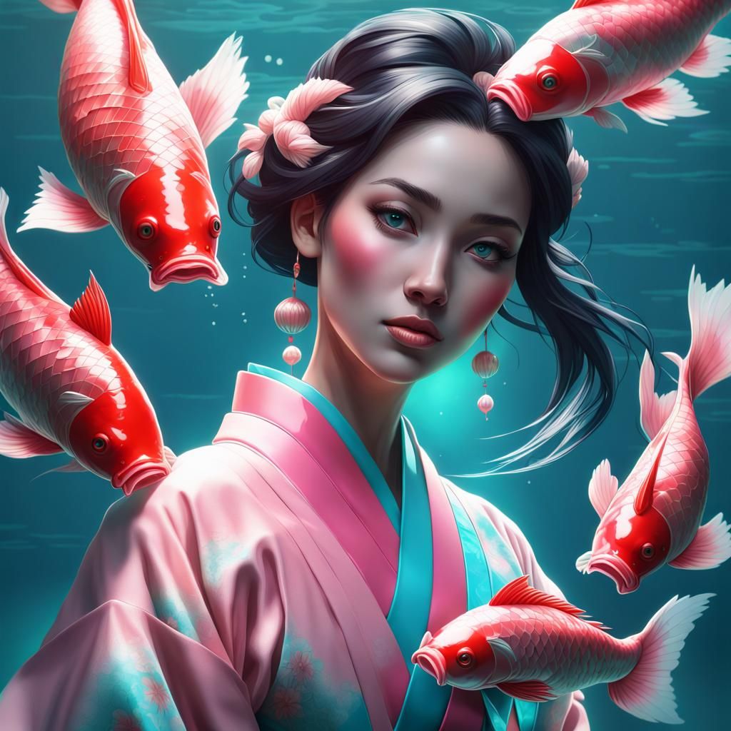 a young woman dressed in a kimono and Japanese carp floating...