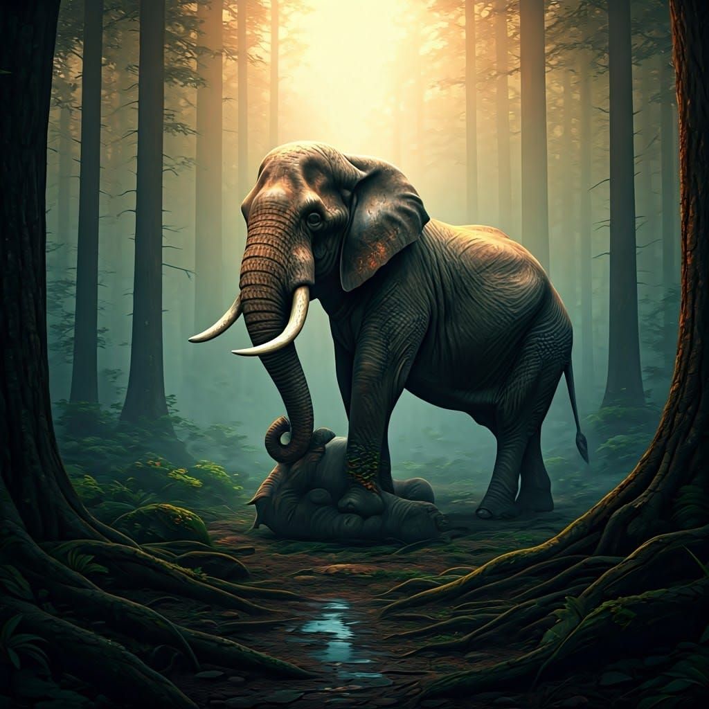 Elephants in Mystical Forest with Ethereal Mist