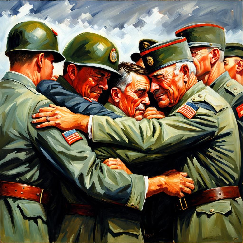 A group of Military men hugging 