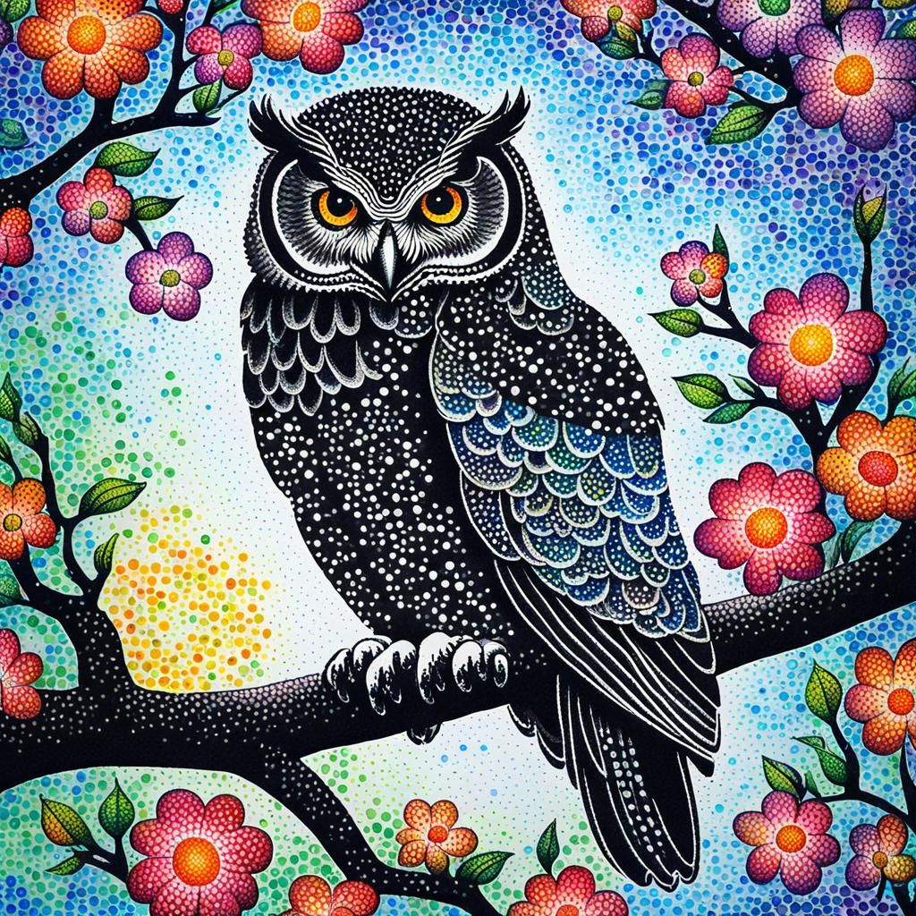 "(pointillism,chinese ink:1.5),owl sitting on a tree branch,...