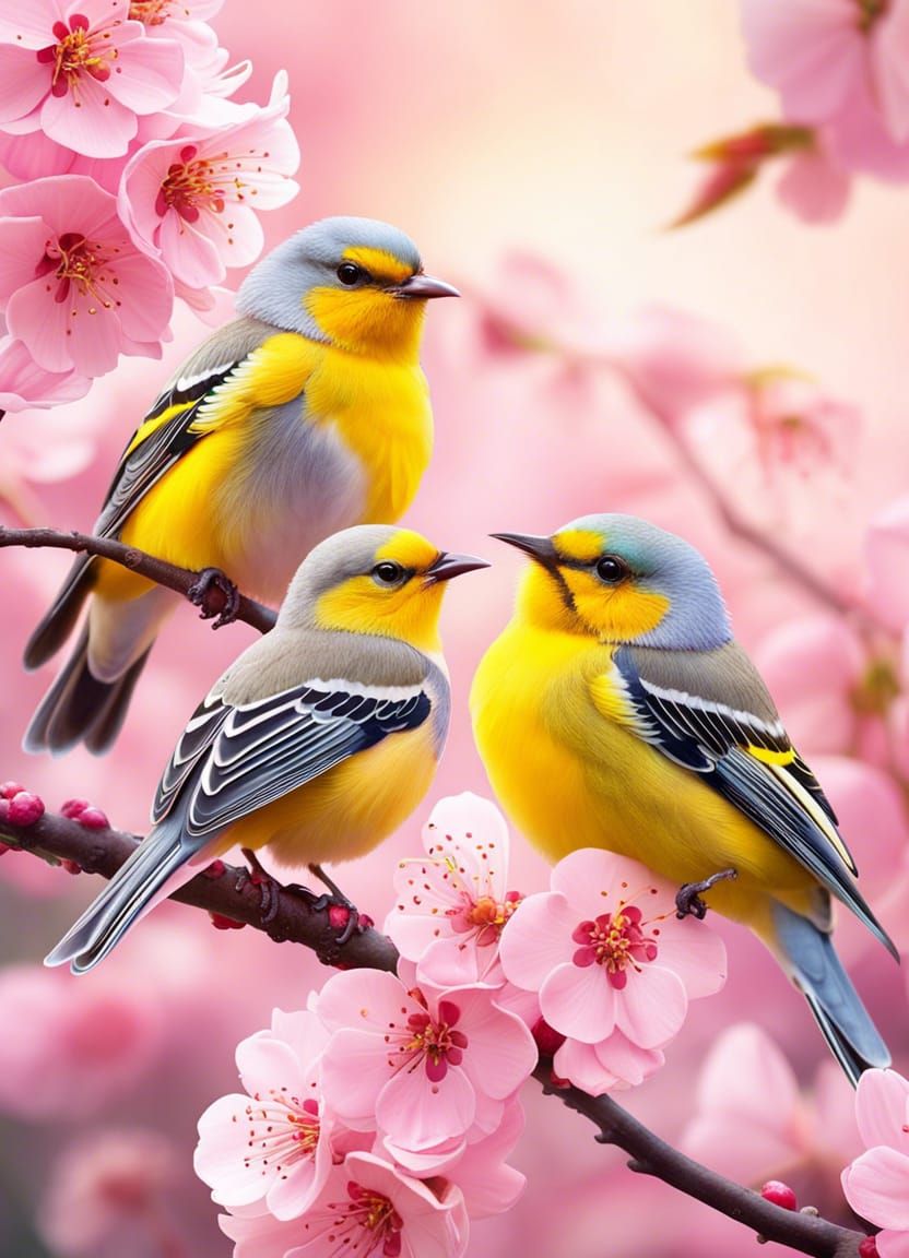 Beautiful yellow birds sitting in a cherry blossom tree   by @Grumpy 