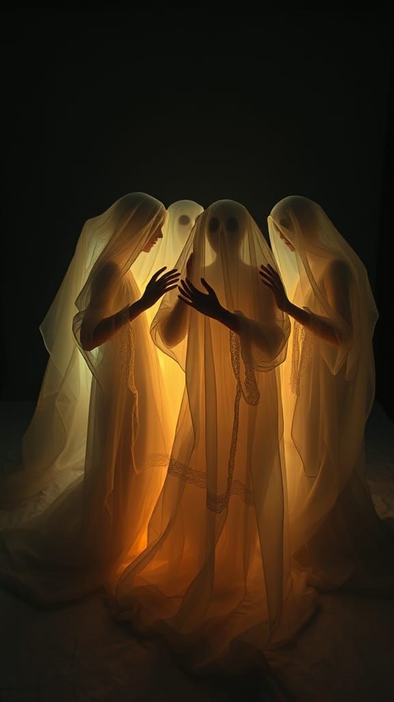 Surreal bed sheet ghosts  celebrating Halloween  rayograph M...