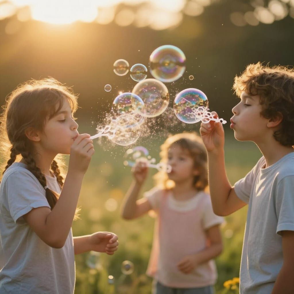 Children Blowing Bubbles in Golden Hour Light