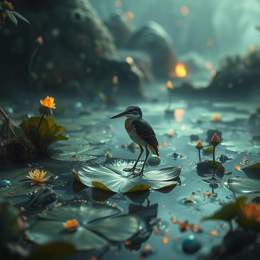 Serene Waterbird in Surreal Mystical Landscape