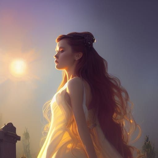 portrait of a young princess standing in a tall graveyard wi...