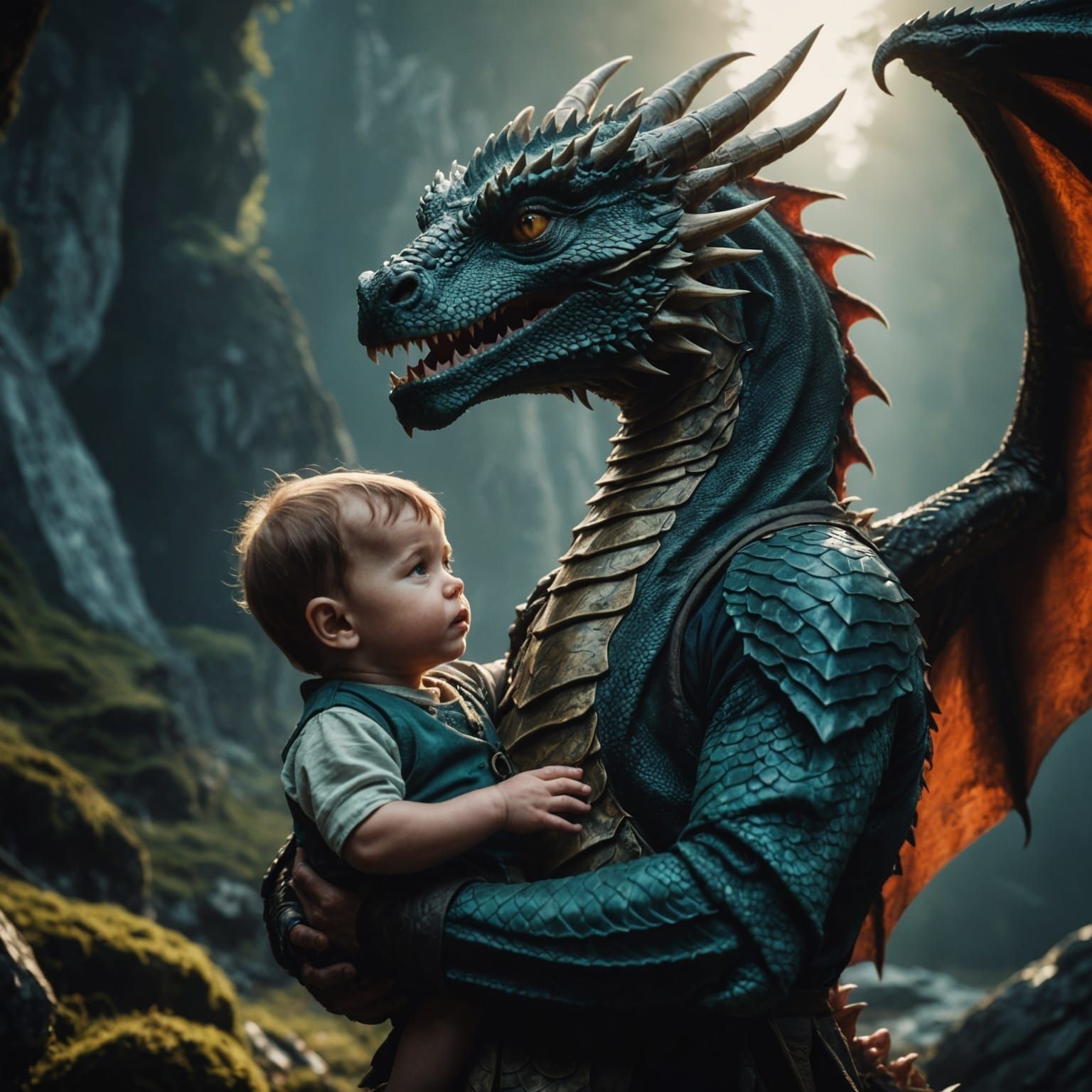 A dragon gently holding a human baby in its arms Cinematic f...