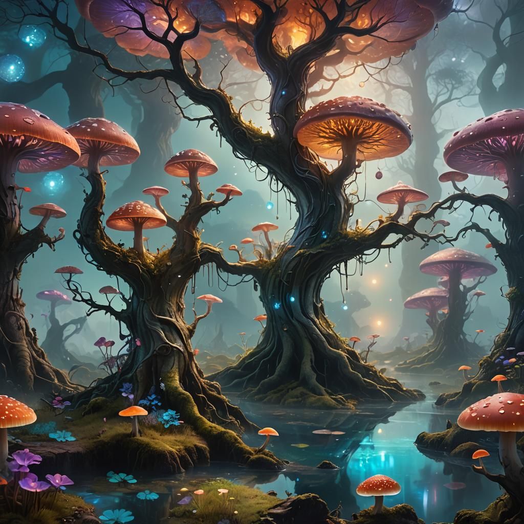 Mystical Glowing Tree in Surreal Landscape
