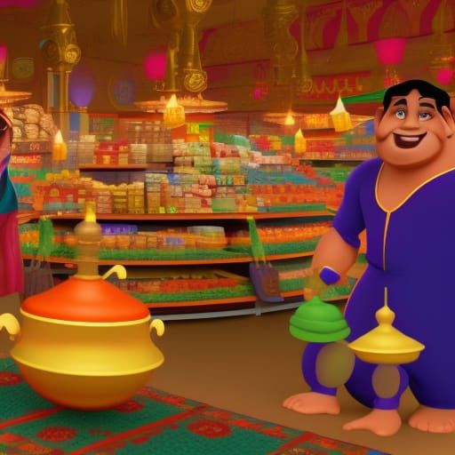 Aladdin and genie in a supermarket