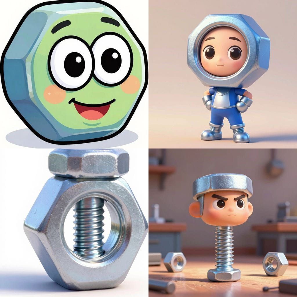 Cute Bolt and Nut Characters in Cartoon Style