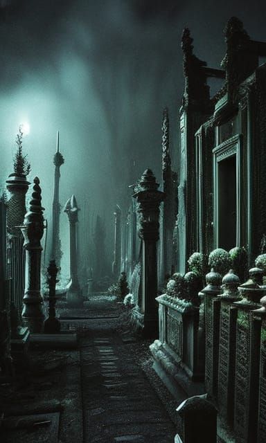 Abandoned cemetery noctilucent parallax maximalist