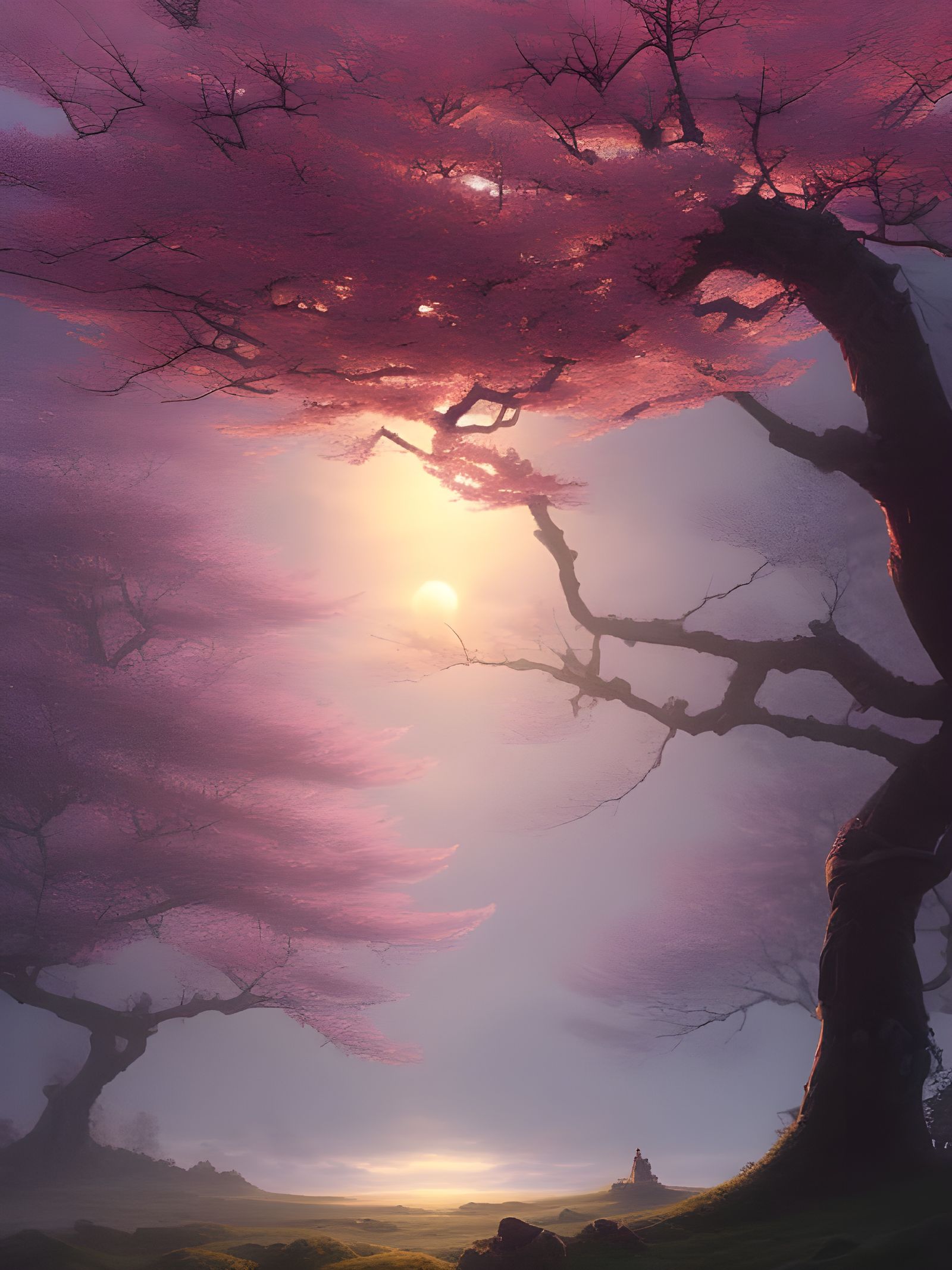 Giant Cherry Blossom World Tree at Sunrise