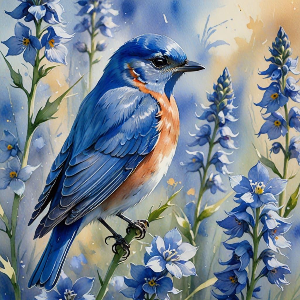 Watercolor, wet on wet.  Romanticism.  Male Bluebird sitting on a blue delphinium.  Blue sky background. ...  by @Melva Pearce
