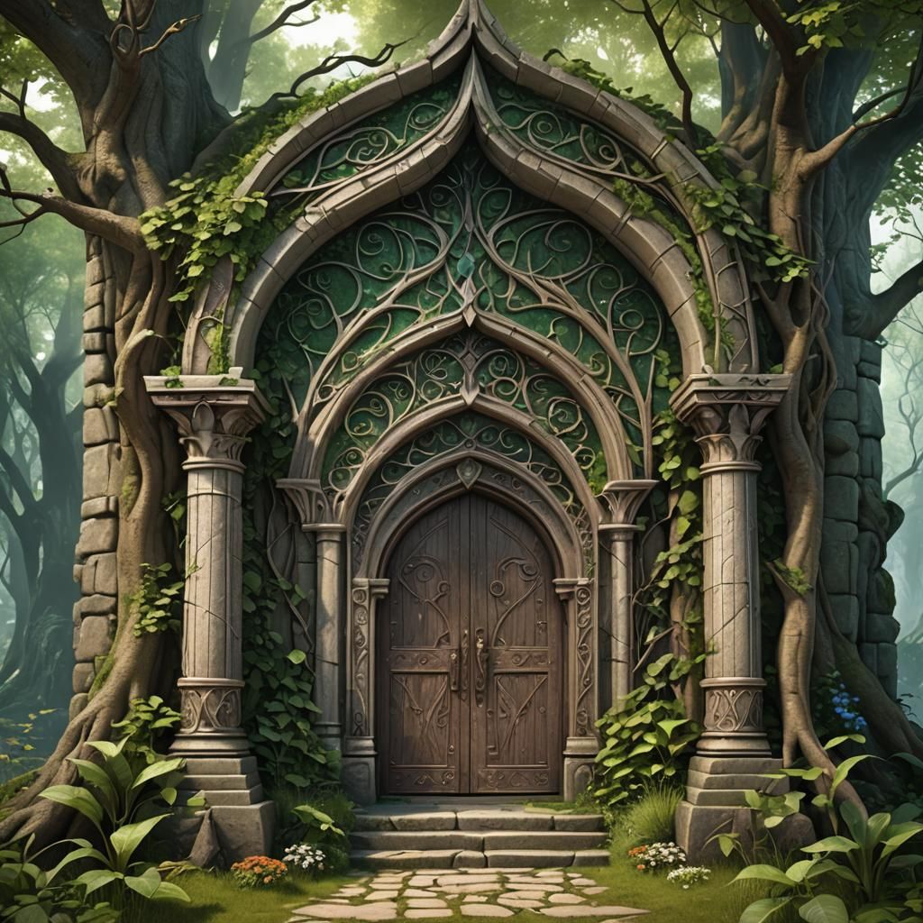 An entrance to a fantasy Elven temple dedicated to love, nat...