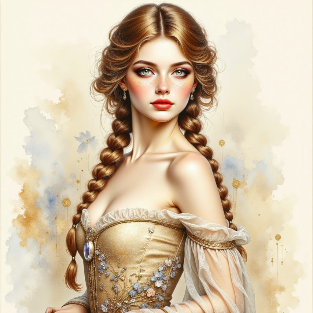 30s Woman in Flowing Gown as Watercolor Drawing