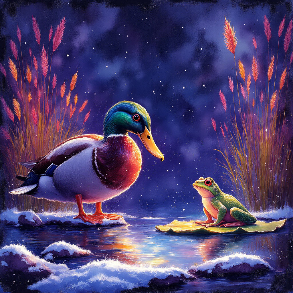 Mallard Duck has a friend on a lily pond