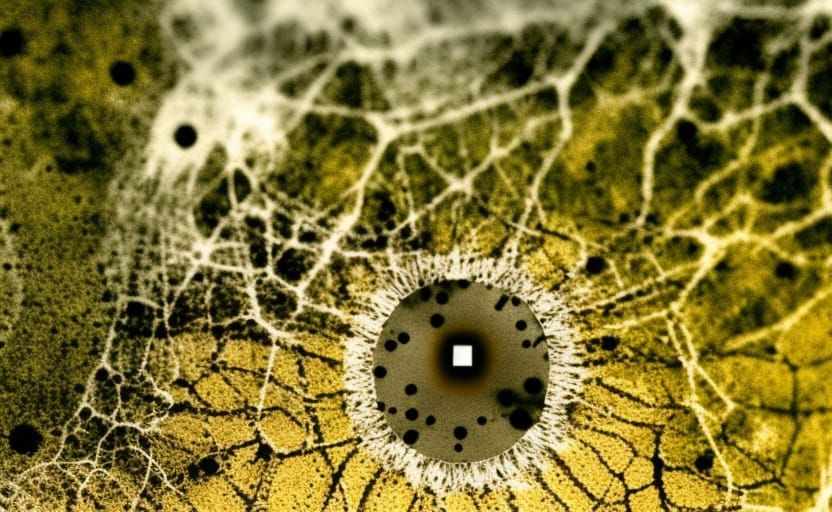 microchip image from electron microscope. in the center fly ...