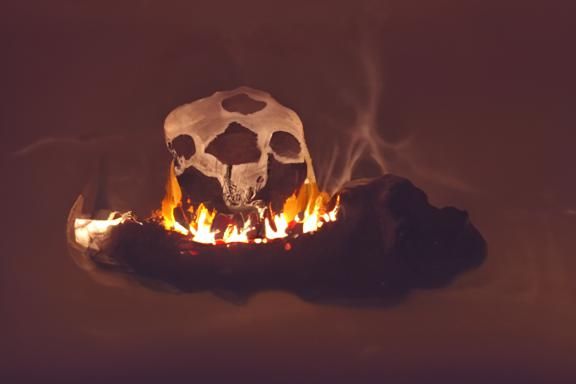 A camp fire with the smoke in the shape of a skull