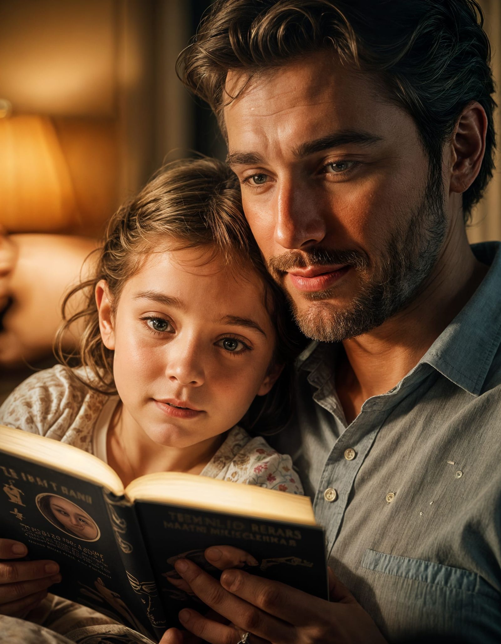 A loving father reads a bedtime story to his child, who is tucked in bed.  by @Valmont