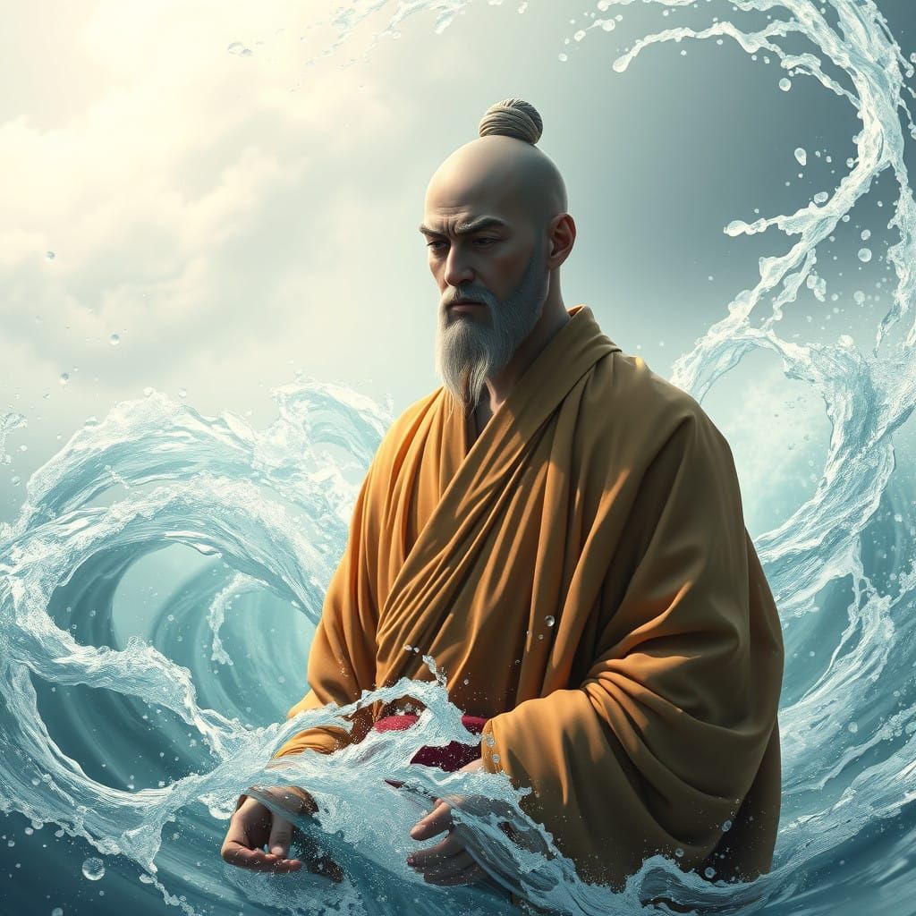 Serene Monk Contemplates Chaos Amidst Whirlpool