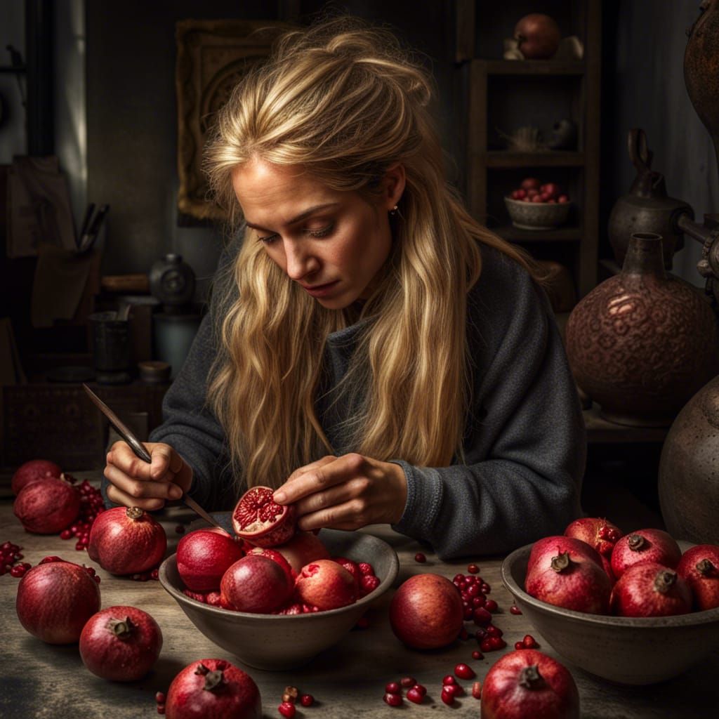 A sculptor working from still life from a bowl of pomegranates.  by @Son of Hud