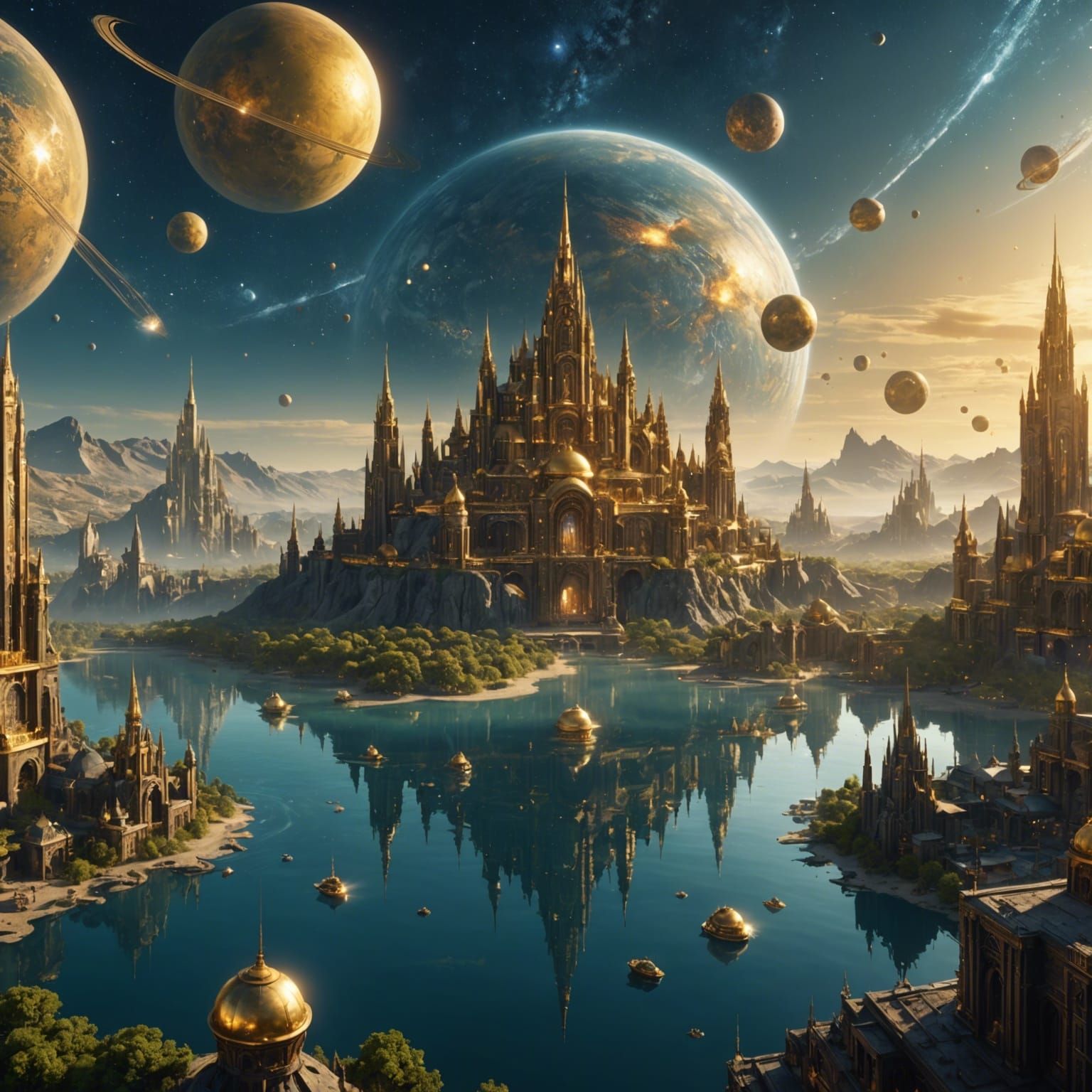 Golden City Floating in Galaxy: Detailed Matte Painting