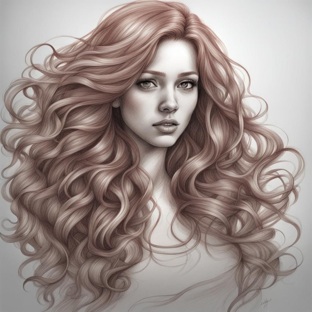 make a pencil drawn sketch of a girl with: Long flowing fiery red hair, likely with some natural waves or curls that bounce with her movemen...