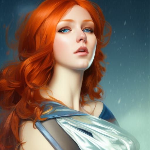 redhead with blue eyes wearing a cape