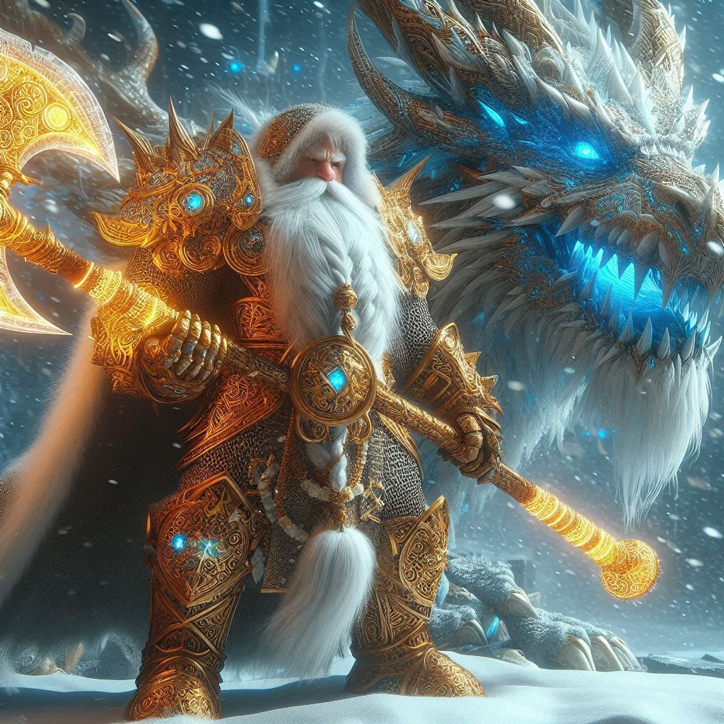 Warrior Dwarf and white Dragon
