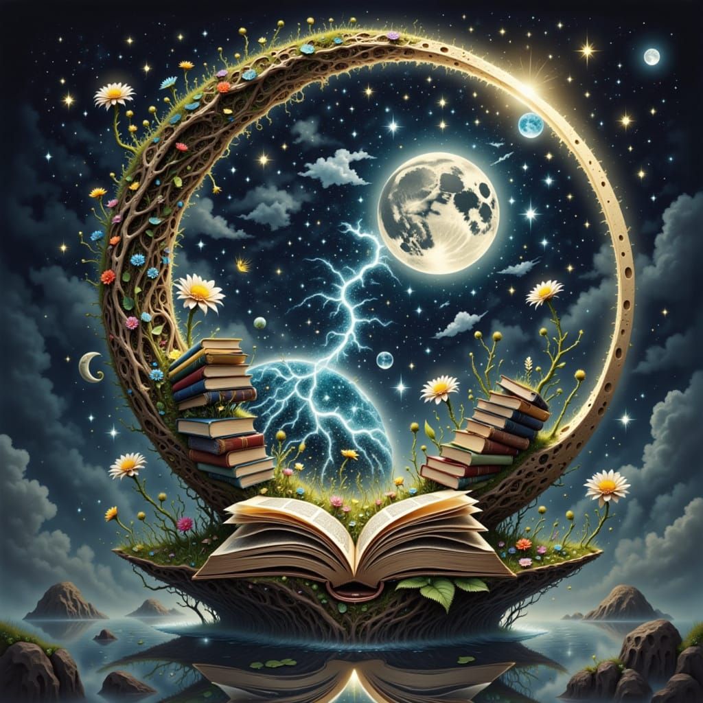 <lora:Moony:1.0>  the eye of the moon. Wires. Books tiny micro. A moon made of books inside a crescent moon. Hyperdetailed surfaces of macro...