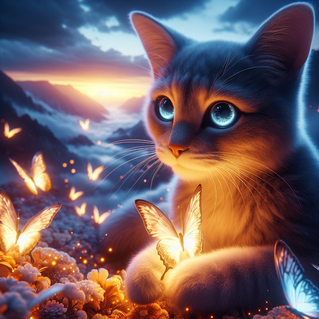 Cat playing with luminous butterflies.