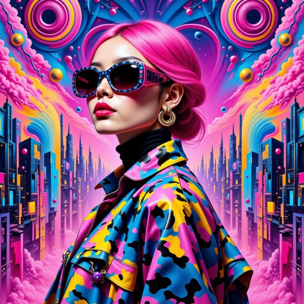 Vibrant Pink-Haired Woman in Cyberpunk Cityscape