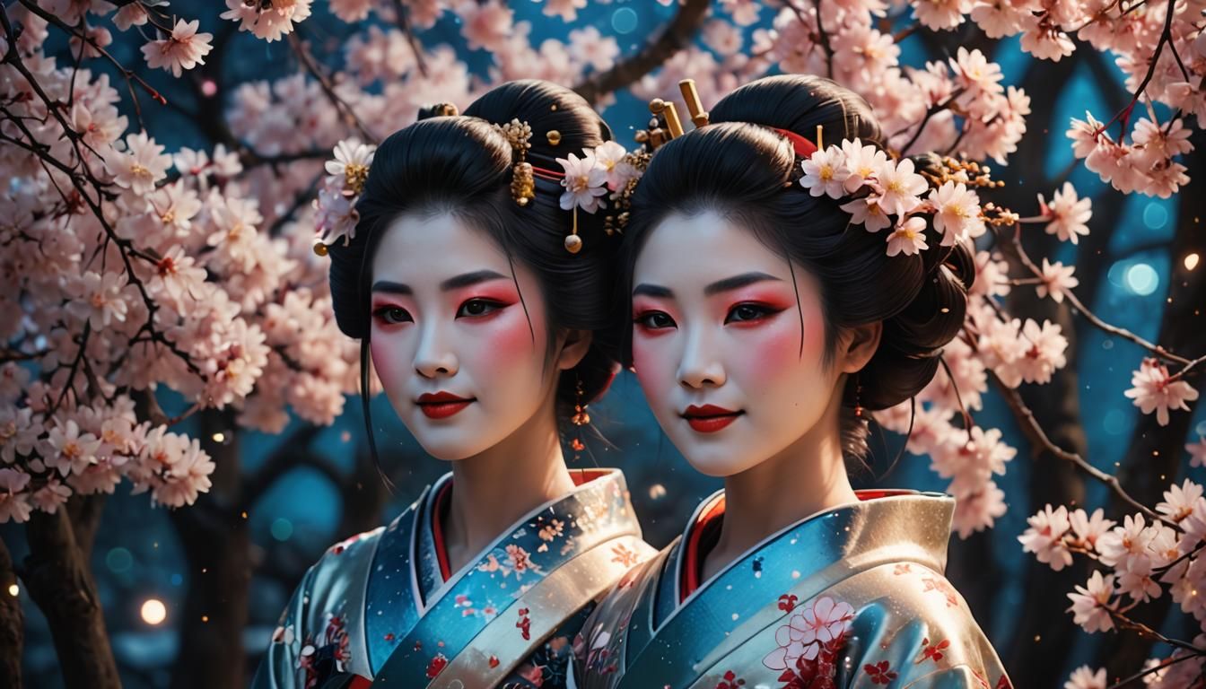 close-up portrait of 2 beautiful geishas smiling surrounded ...