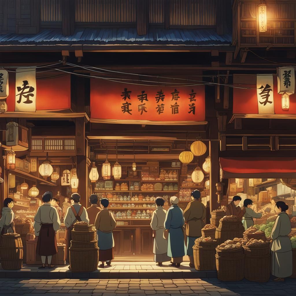 A crowded Edo-era merchant storefront