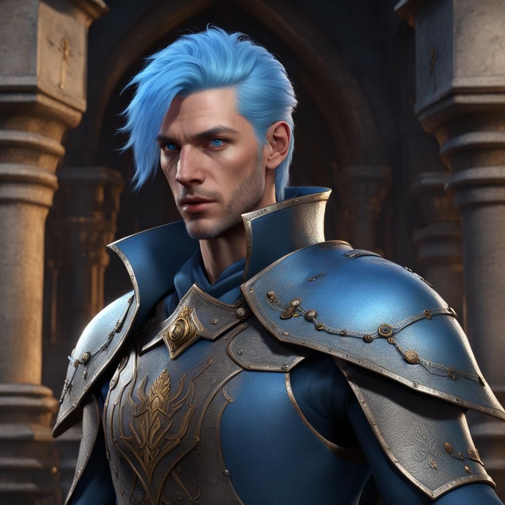 A man of the paladin class, blue hair, blue eyes, in the Bal...
