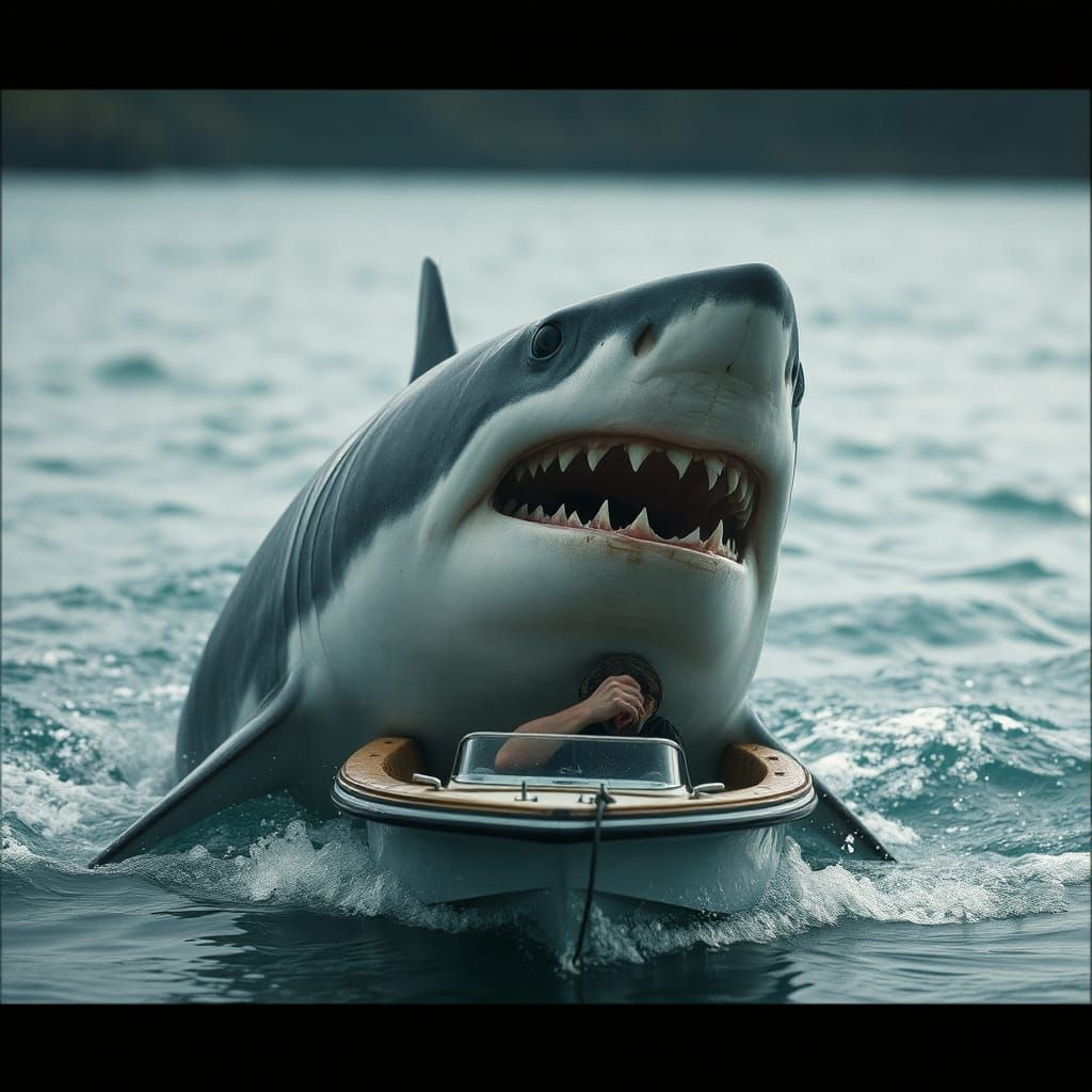 Great White shark attacking a small boat