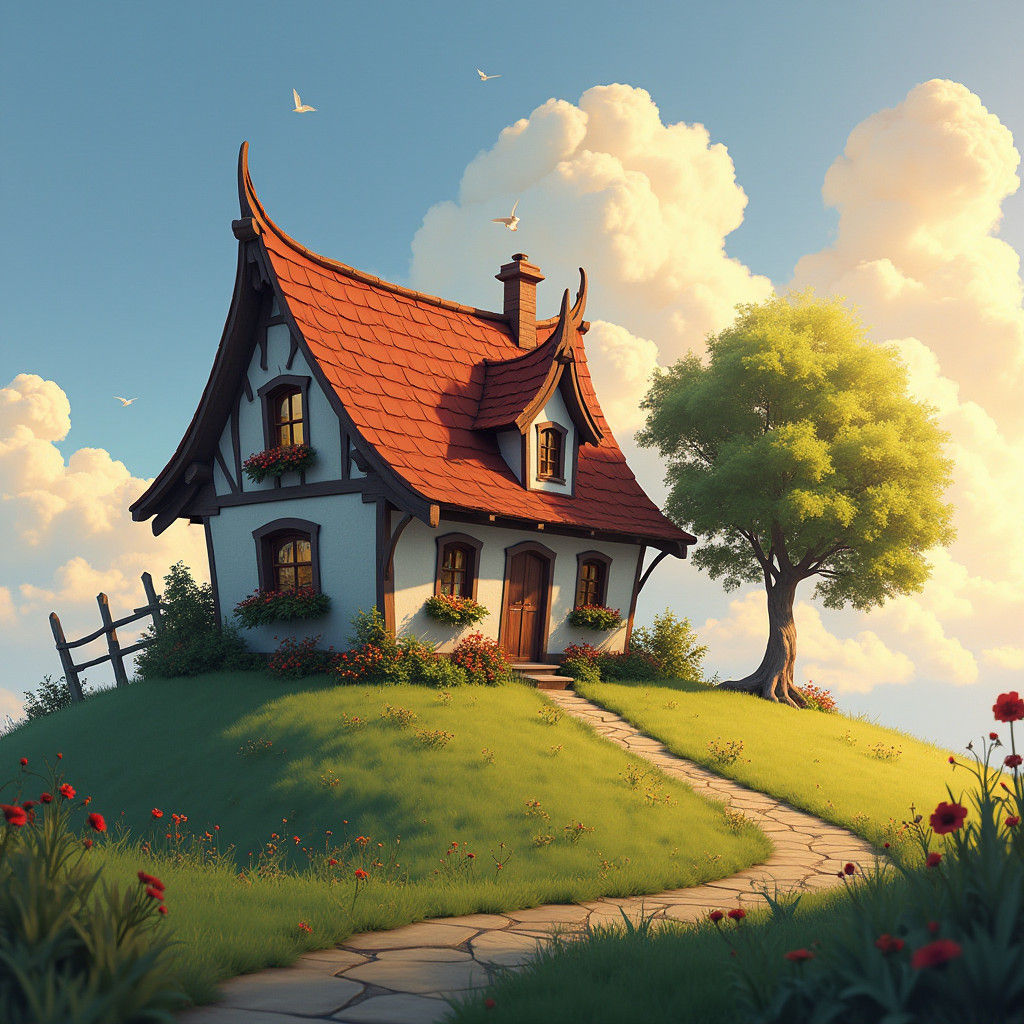 Quaint cottage on a hill with a rounded roof and an old tree...